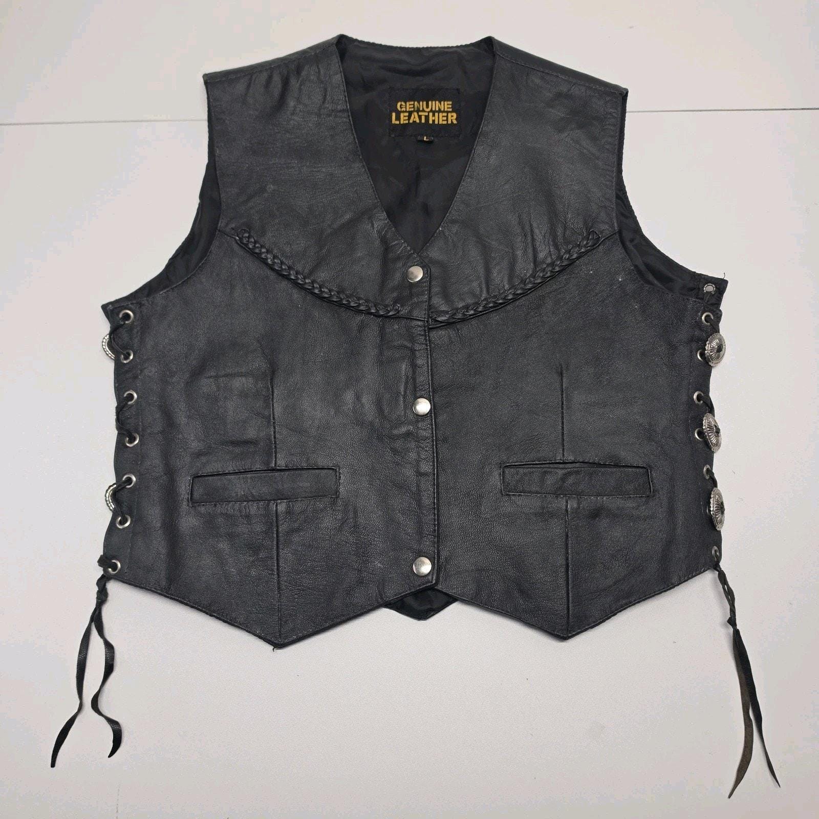 Concho Western Black Leather Vest - Etsy