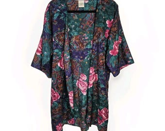 Bata vintage de satén floral, bata midi grande, kimono, ropa de dormir de los años 90, nueva con etiquetas, falta el cinturón.
