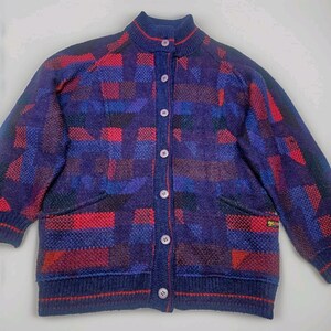 Vtg 80s Womens Crowneck Long Cardigan Sweater Geometric Knit Wool Mohair XL image 2