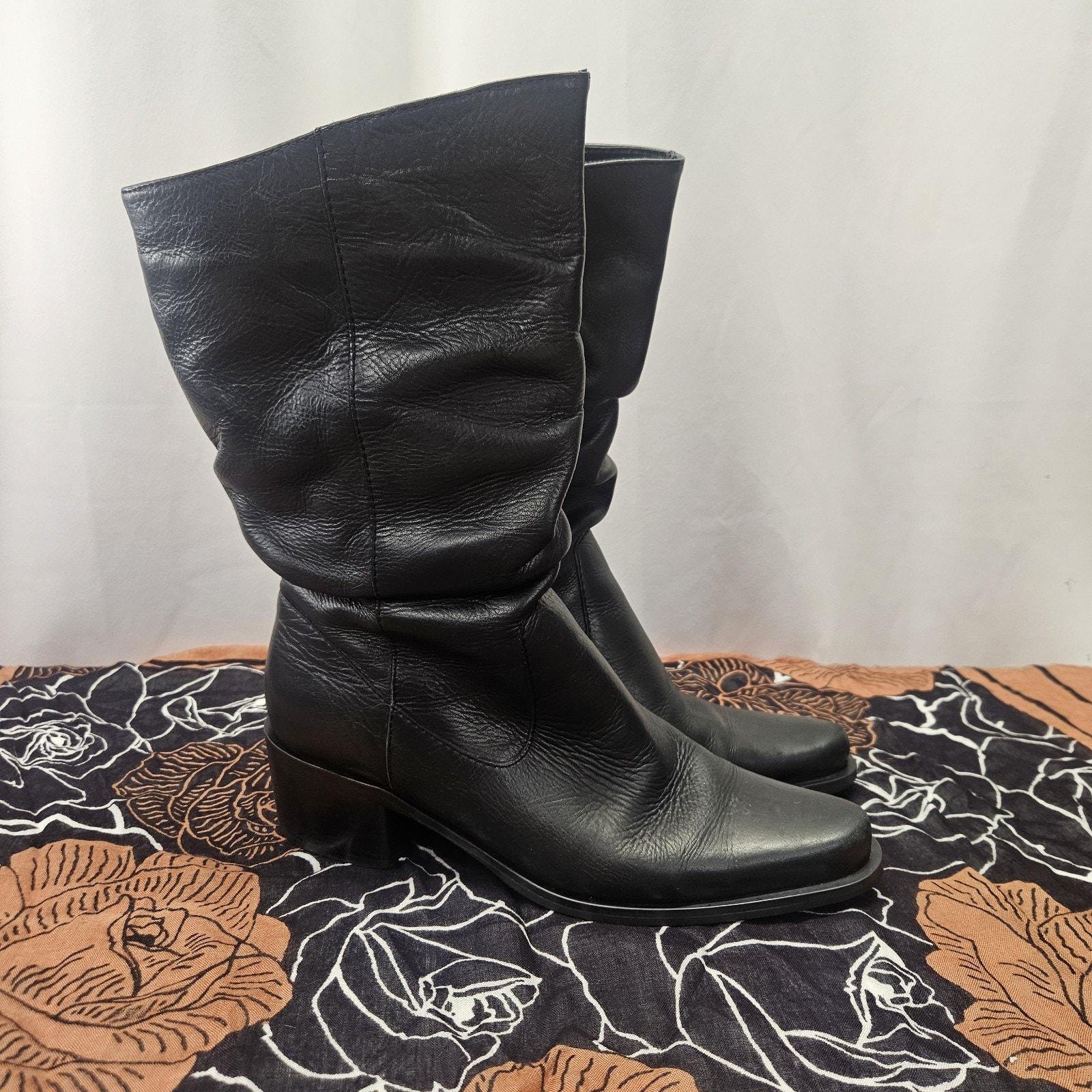 Vintage 1990 slouch top boots Vintage 1990s black vegan leather zip up mid calf... | Depop main image 4