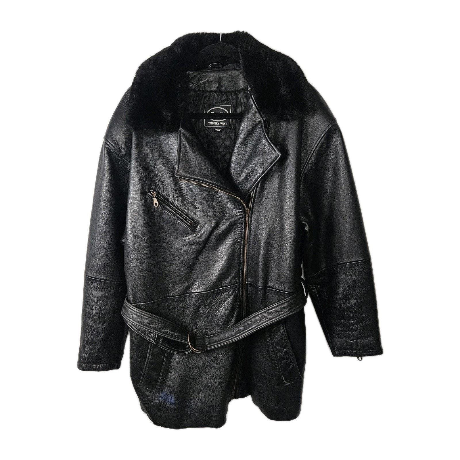 Vtg 90s Tannery West Black Leather Jacket Mens Large Belted Coat