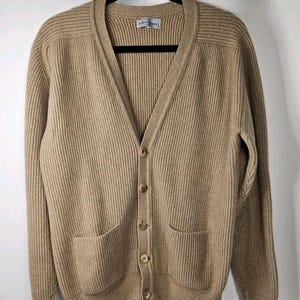 Bullock And Jones Vintage Scotland Cashmere Cardigan Tan Sz 44 Preppy 50s 60s