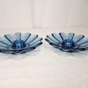 Vintage Federal Glass Candle Holders PAIR Celestial Ribbed Blue Glass 5 3/8&quot; Art
