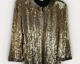 Vtg 80s Silk Gold Sequin Beaded Blazer Disco Glam Women Evening Jacket Festival