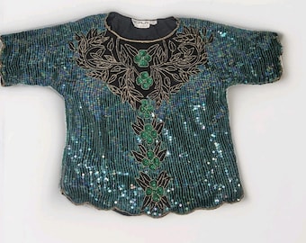 90s Vintage Sequin Beaded Silk Blouse, Gatsby Party Top