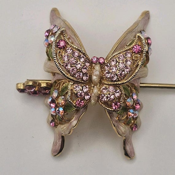 Vintage Iridescent Pink Multi Color Crystal Butterfly Hair Barrette Pin