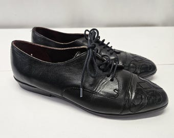 VTG Flamengo Embriodered Black Leather Lace up Oxford Heeled Granny Shoes 7.5 M