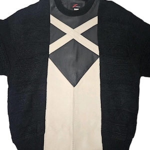 Vintage ZMANN Mens Large Leather Knit Color Block Heavyweight Knit Sweater