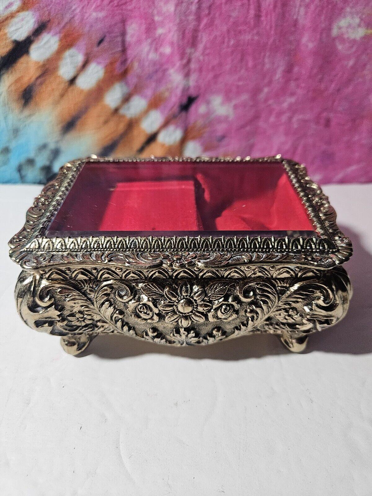Vtg Oscar Heiss Metal Casket Jewelry Hinged Music Box with Beveled Glass 6"x4"
