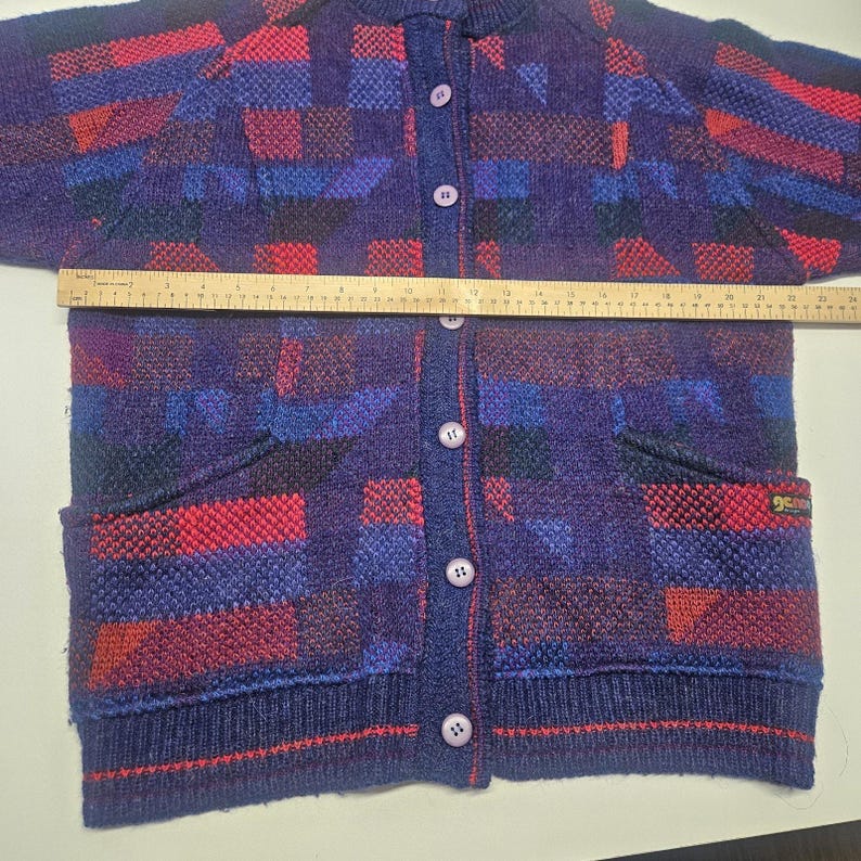 Vtg 80s Womens Crowneck Long Cardigan Sweater Geometric Knit Wool Mohair XL image 6