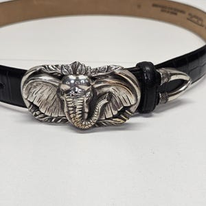 90s Brighton Elephant Belt Buckle Talbots Black Embossed Leather Belt Med Vtg image 8