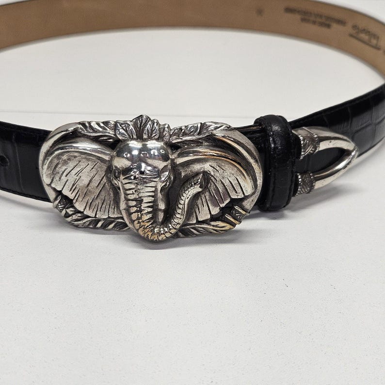 90s Brighton Elephant Belt Buckle Talbots Black Embossed Leather Belt Med Vtg image 8