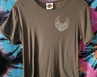 Harley Davidson Green Wings "Free Spirit" T Shirt Large Biker Y2K Motorcycle