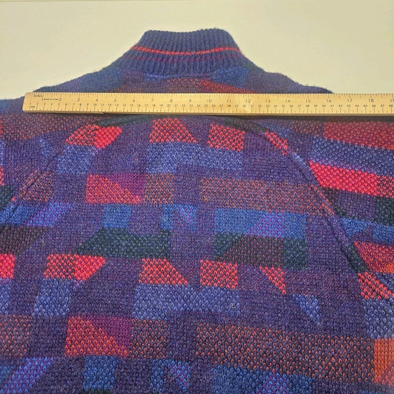 Vtg 80s Womens Crowneck Long Cardigan Sweater Geometric Knit Wool Mohair XL image 9