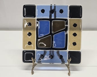 Decorative Fused Glass Art Plate Blue Black Beige Geometric Design Glass Art