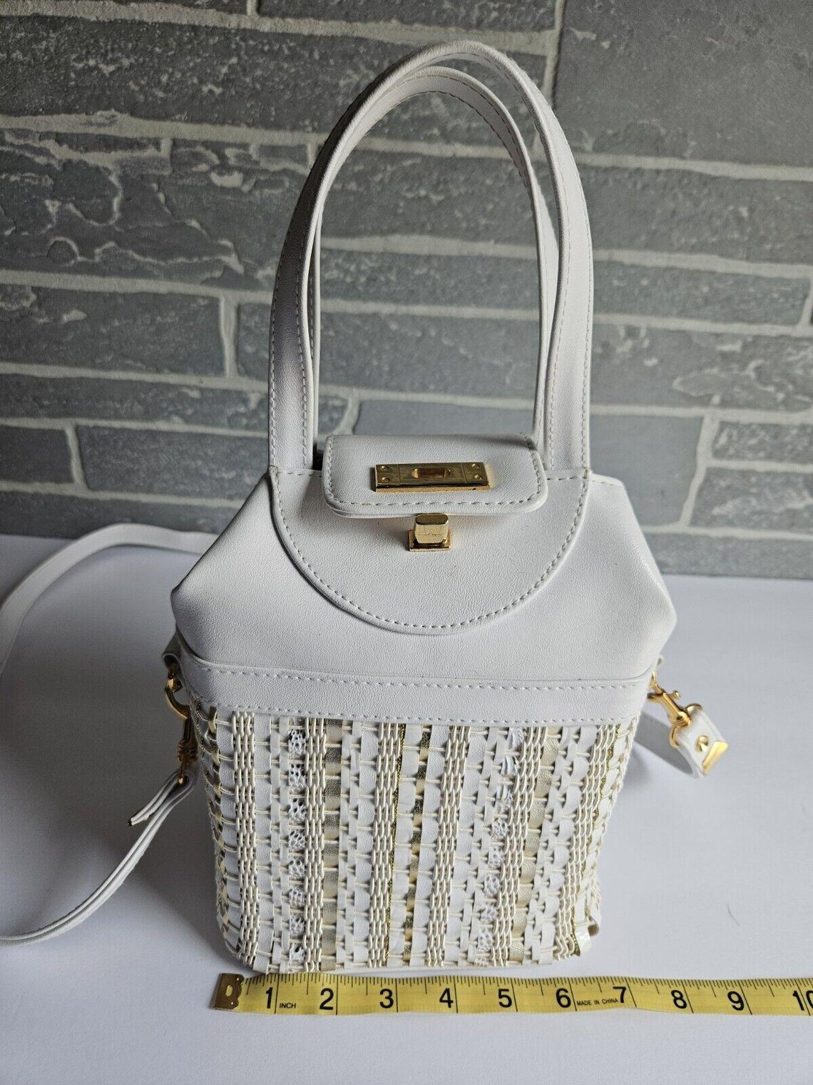 Vintage 80s Warren Reed White & Gold Woven Handbag, Removable Strap, foto 2 di 5