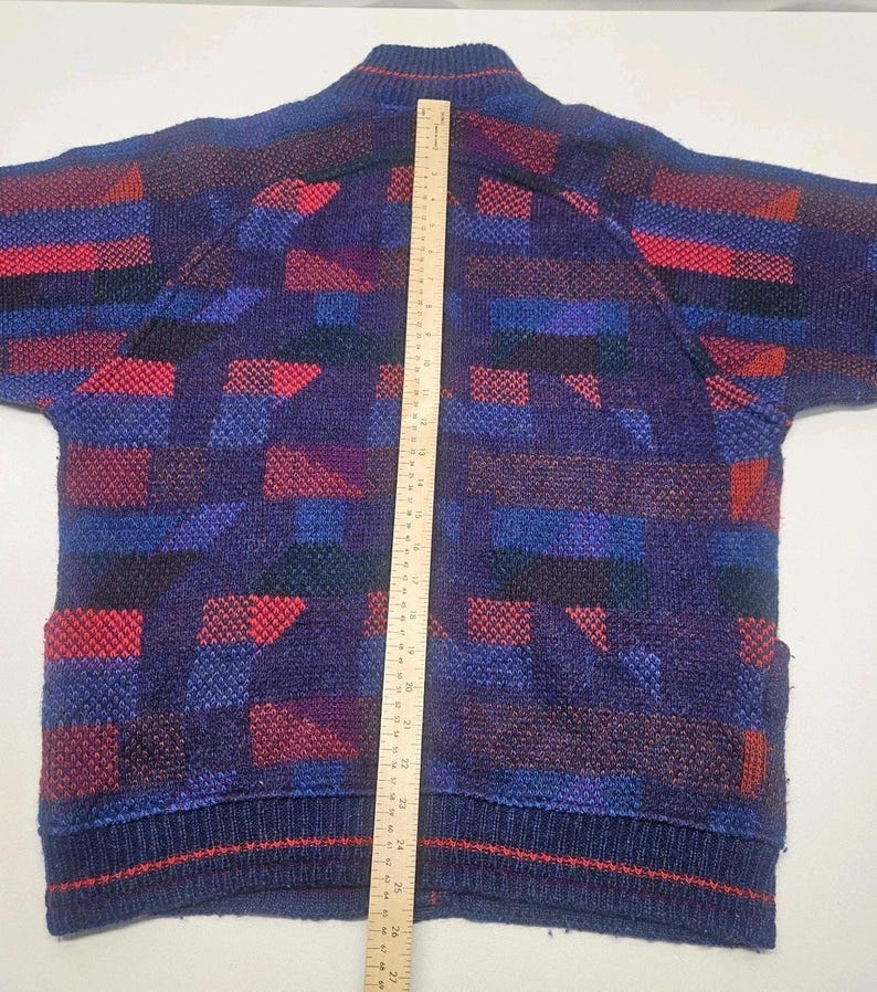 Vtg 80s Womens Crowneck Long Cardigan Sweater Geometric Knit Wool Mohair XL image 8