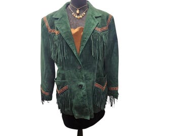 Vintage Western Green Suede Fringe Leather Jacket Sz 14 Embroidered Trim Indie