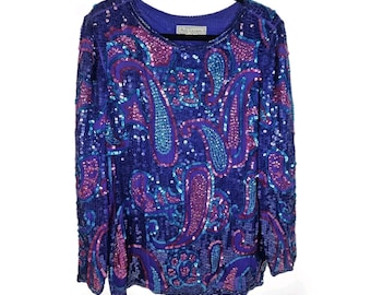 Vintage Sequin Silk Blouse, Paisley Beaded Top, Large