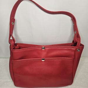 Vintage 70s Handmade Red Leather Tote Handbag Purse Shoulder Bag Classic