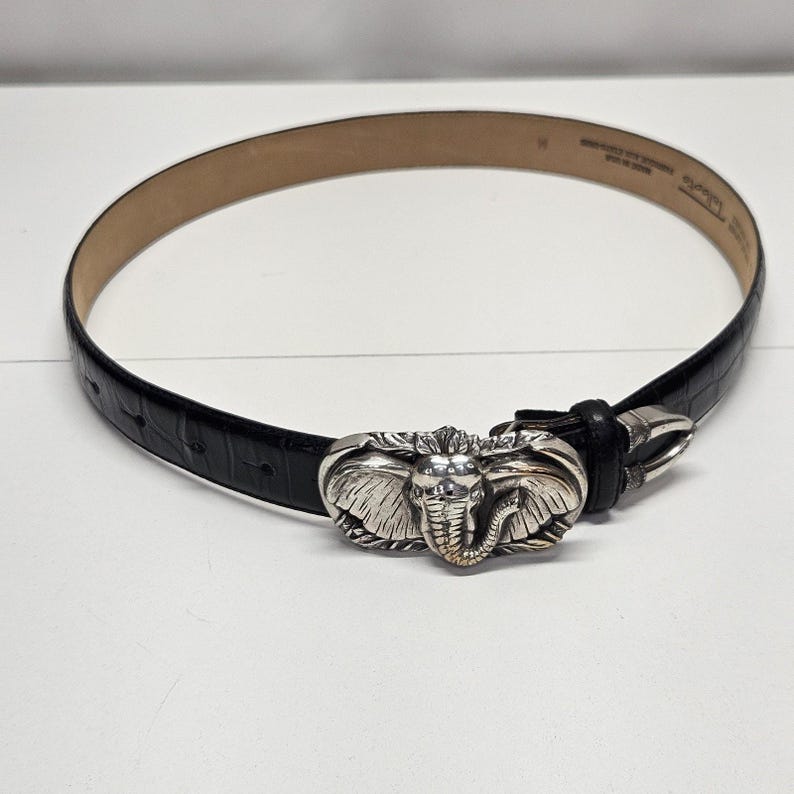 90s Brighton Elephant Belt Buckle Talbots Black Embossed Leather Belt Med Vtg image 9