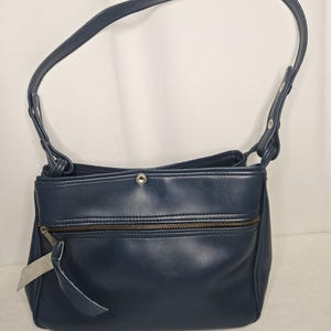 Vintage 70s Handmade Blue Leather Tote Handbag Purse Shoulder Bag Classic