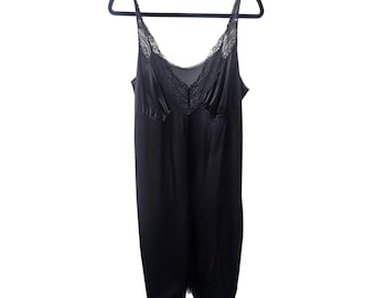 Vestido lencero negro de nailon estilo vintage de los 80 con corpiño de encaje, talla XL, estilo camisón glamuroso.