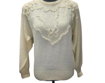Vintage verfraaid gebreide trui met kralen detail gebroken wit medium oma jaren 80