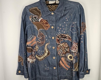 Vintage Boho Patchwork Embroidered Blue Denim Shirt Top Size Small Artsy Cottage