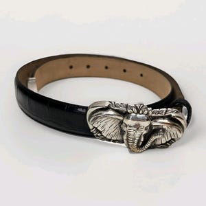 90s Brighton Elephant Belt Buckle Talbots Black Embossed Leather Belt Med Vtg image 1