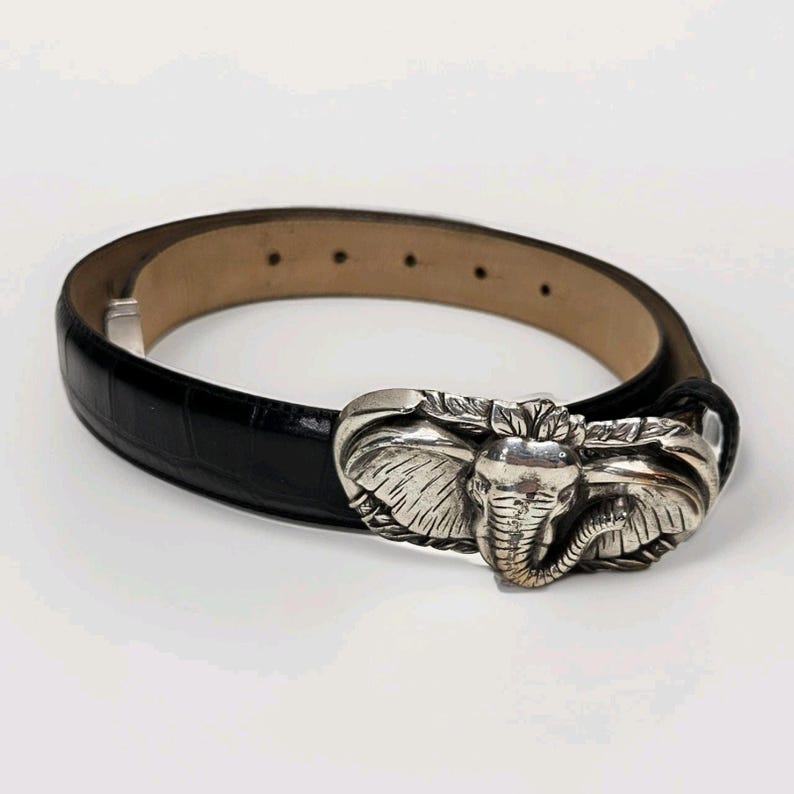90s Brighton Elephant Belt Buckle Talbots Black Embossed Leather Belt Med Vtg image 1
