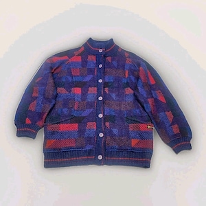 Vtg 80s Womens Crowneck Long Cardigan Sweater Geometric Knit Wool Mohair XL image 1