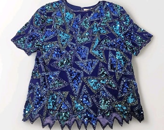 Vintage 90s Sequin Beaded Silk Top, Blue Geometric Blouse, Large