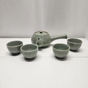 Vintage Korean Celadon Side Handle Tea Pot Set with 4 Cups Sage Green