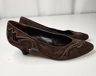 BALLY VERONICA Brown Suede Low Heel Pumps Loafers Shoes 6.5 M Kitten Heel