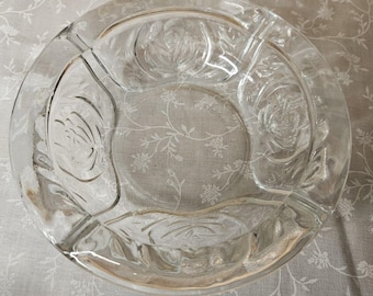 Vintage 6" Glass Ashtray KIG Indonesia Pressed Glass Rose Pattern
