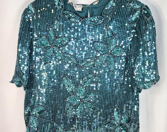 90s Vintage Teal Sequin Silk Blouse, Beaded Party Top