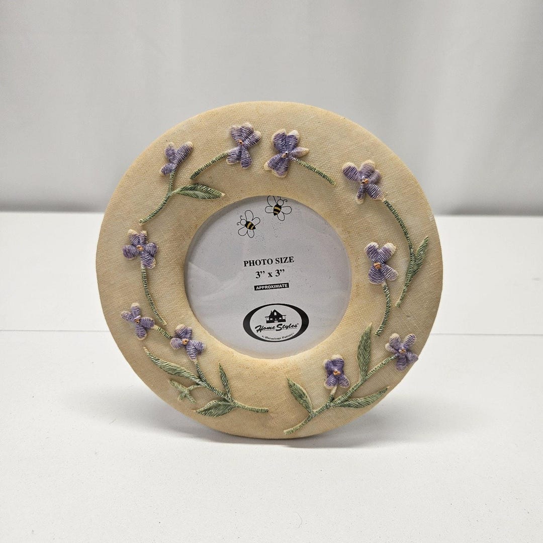 Vtg Home Styles Photo Frame Round Ceramic Standing Purple Violets 3