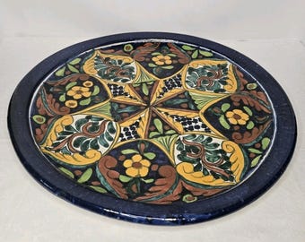 Vintage Mexican Folk Art Pottery Hand Painted Wall Hanging Plate 18.5&quot; Round- Decorative Tray