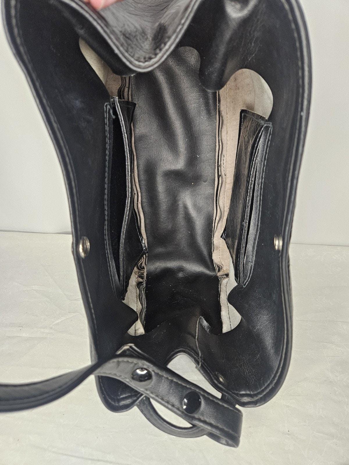 Vintage 70s Handmade Black Leather Tote Handbag Purse Shoulder Bag