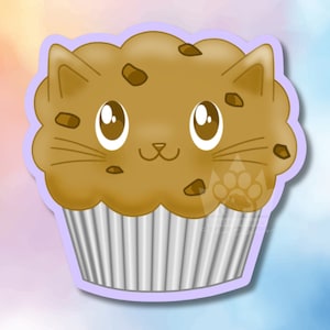Autocollant mignon imperméable en vinyle avec chat et muffins aux morceaux de chocolat