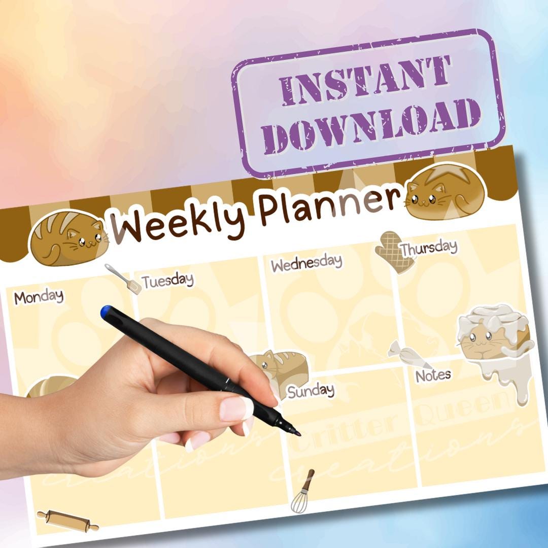 Printable Weekly Planner Bread Cats | Digital Download | Cute Kawaii ...