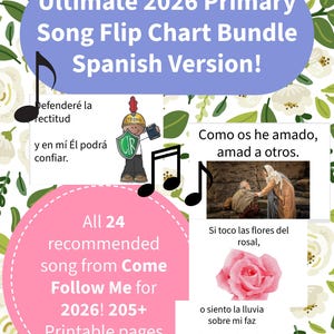 May include: A colorful printable song chart bundle for 2026, Spanish version. The image features text, musical notes, and illustrations of people and flowers. The text includes song titles and the phrase "Come Follow Me".