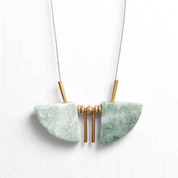 Green Marble Fan Cord Necklace with Brass Accents