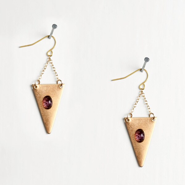 Brass Triangle Earrings with Vintage Plum Amethyst Quartz Cabochons