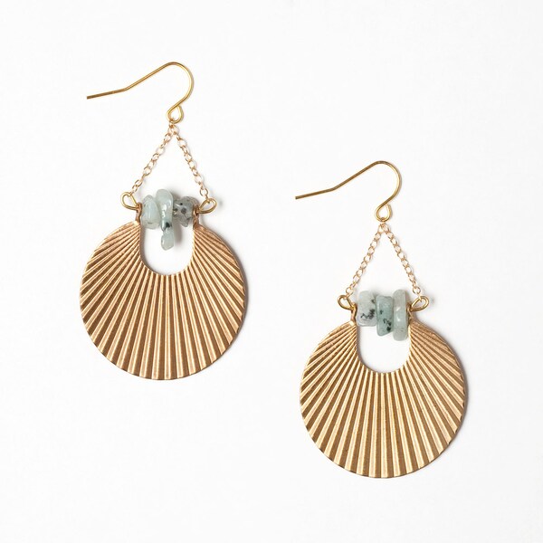 Ribbed Gold Disc Earrings with Sesame Jasper Stones and 14k Gold Filled Chain