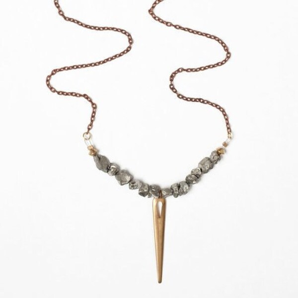 Pyrite and Brass Spike Necklace on a Copper Cable Chain