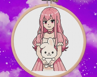 Kawaii Anime Girl Bunny Cross Stitch Pattern | Pastel Pink Anime PDF