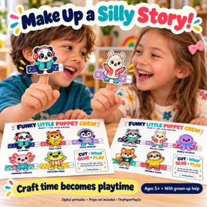 Pode incluir: Duas folhas imprimíveis intituladas Funky Little Puppet Crew com personagens de desenhos animados como um DJ Panda, Taco Tiger, Space Penguin, Rainbow Axolotl, Popcorn Frog, Pizza Raccoon, Roller Llama, Bubble Octopus, Star Fox e Sprinkle Sloth.