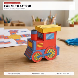 May include: A 3D paper craft toy shaped like a train engine with a red body, blue wheels, and a yellow roof. The engine features a cylindrical chimney, a front grille, and windows. The text "FARM TRACTOR" and "Printable paper toy" is visible.